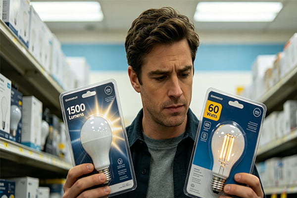 A person choosing between two light bulb packages, one highlighting lumens and the other watts